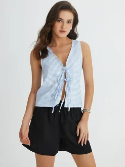 Blue Gingham Tie Front Top