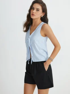 Blue Gingham Tie Front Top