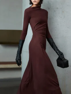Bodycon Asymmetrical Neck Long Sleeve Ruched Maxi Dress