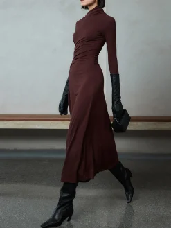 Bodycon Asymmetrical Neck Long Sleeve Ruched Maxi Dress