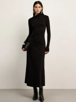 Bodycon Asymmetrical Neck Long Sleeve Ruched Maxi Dress