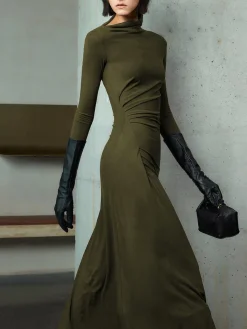 Bodycon Asymmetrical Neck Long Sleeve Ruched Maxi Dress