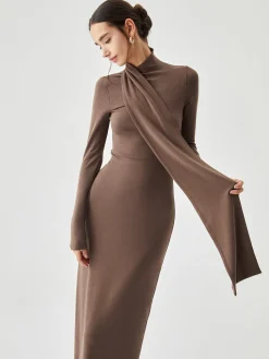 Bodycon High Neck Ribbed Knit Long Dress with Matching Scarf