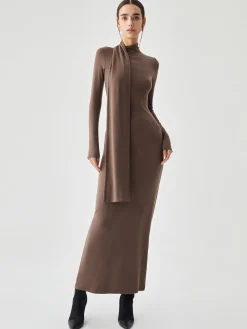 Bodycon High Neck Ribbed Knit Long Dress with Matching Scarf