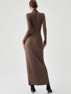 Bodycon High Neck Ribbed Knit Long Dress with Matching Scarf