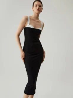 Bodycon Patchwork Sweetheart Collar Cami Midi Dress