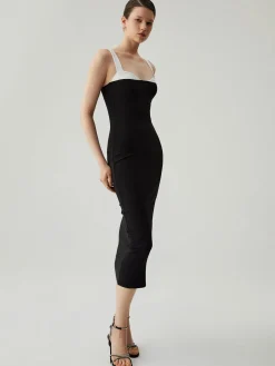 Bodycon Patchwork Sweetheart Collar Cami Midi Dress