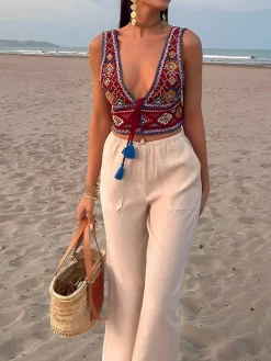 Boho Embroidery Knotted Cami Top