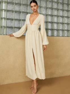 Boho Lantern Sleeve Button-Front Long Split Dress