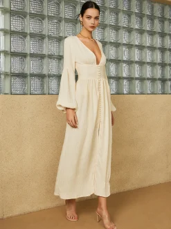 Boho Lantern Sleeve Button-Front Long Split Dress