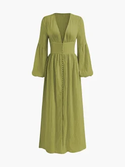 Boho Lantern Sleeve Button-Front Long Split Dress