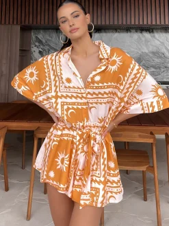 Boho Sun & Moon Pattern Short Jumpsuit