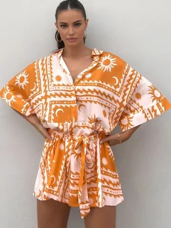 Boho Sun & Moon Pattern Short Jumpsuit