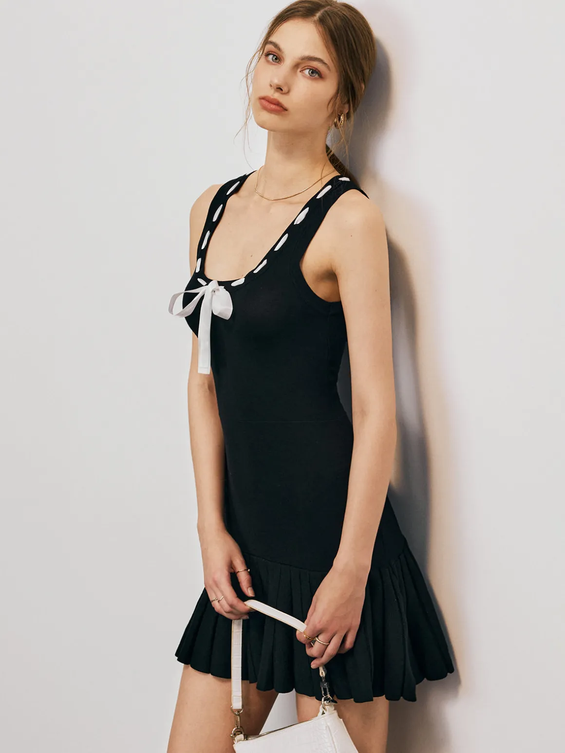 Bow Decor Pleated Short Dress