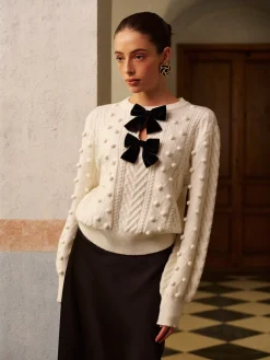 Bow Front Knit Ball-Decor Sweater