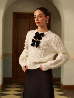 Bow Front Knit Ball-Decor Sweater
