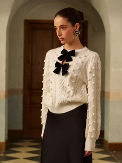 Bow Front Knit Ball-Decor Sweater