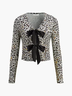 Bow Front Leopard Printed Jersey Blouse