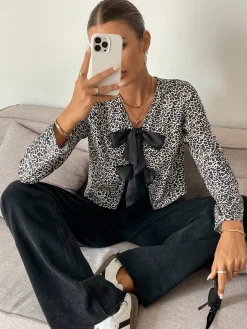 Bow Front Leopard Printed Jersey Blouse