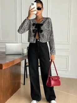 Bow Front Leopard Printed Jersey Blouse