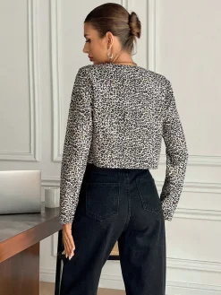 Bow Front Leopard Printed Jersey Blouse