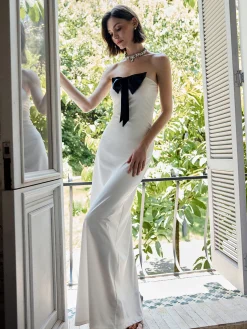 Bow Front Strapless Split Long Dress