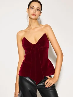 Bow Front Velvet Zipper Tube Top