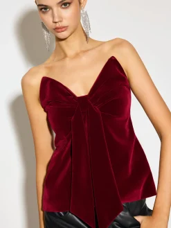 Bow Front Velvet Zipper Tube Top