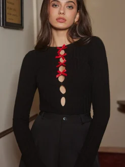 Bow-Decor Cutout Skinny Sweater