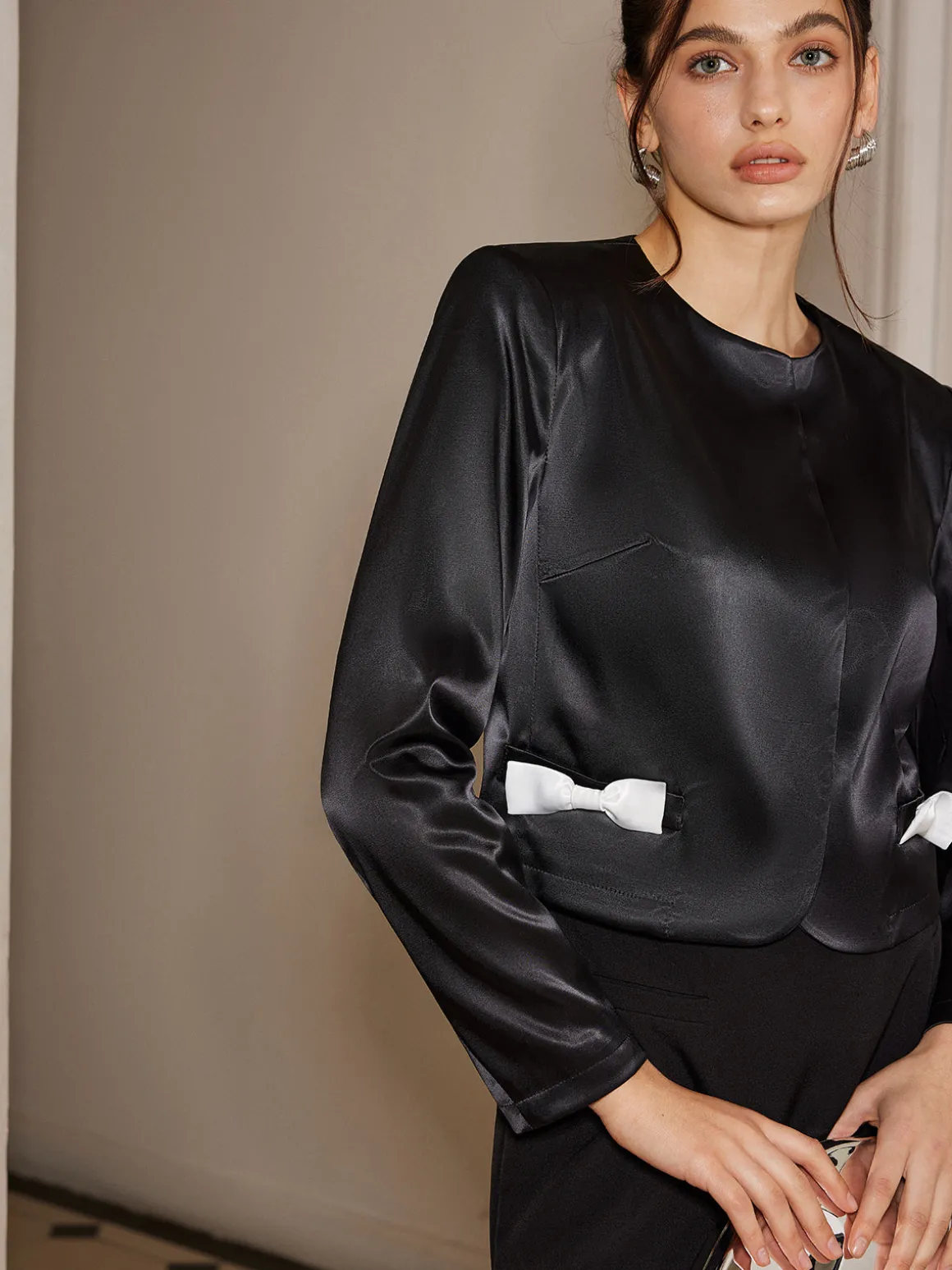 Bow-Decor Satin Short Blazer