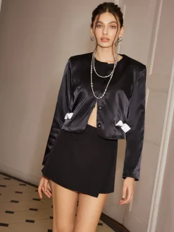 Bow-Decor Satin Short Blazer