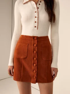 Breasted Pockets Faux Leather Skirt
