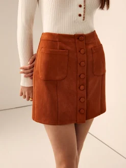Breasted Pockets Faux Leather Skirt