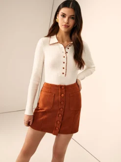 Breasted Pockets Faux Leather Skirt