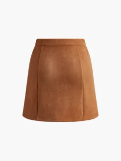 Breasted Pockets Faux Leather Skirt