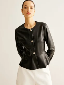 Breasted Ruffle Faux Leather Jacket