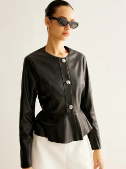 Breasted Ruffle Faux Leather Jacket