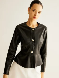 Breasted Ruffle Faux Leather Jacket