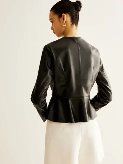 Breasted Ruffle Faux Leather Jacket