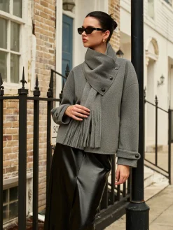 Breasted Wool Coat With Button Tassel Scarf