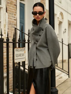 Breasted Wool Coat With Button Tassel Scarf