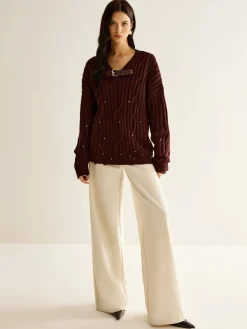 Buckle Belted Beaded Knit Top