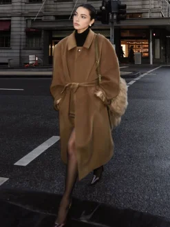 Button Belted Lapel Long Coat