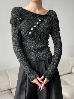 Button Decor Belted Sweater