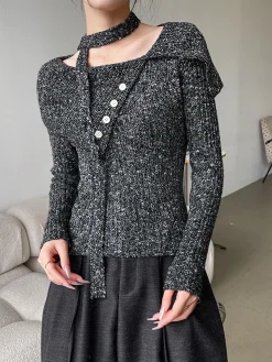 Button Decor Belted Sweater