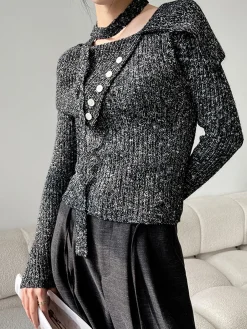 Button Decor Belted Sweater