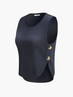 Button Decor Slit Sweater Vest
