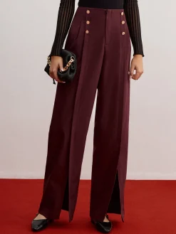 Button Decor Split Wide-Leg Pants