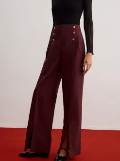 Button Decor Split Wide-Leg Pants