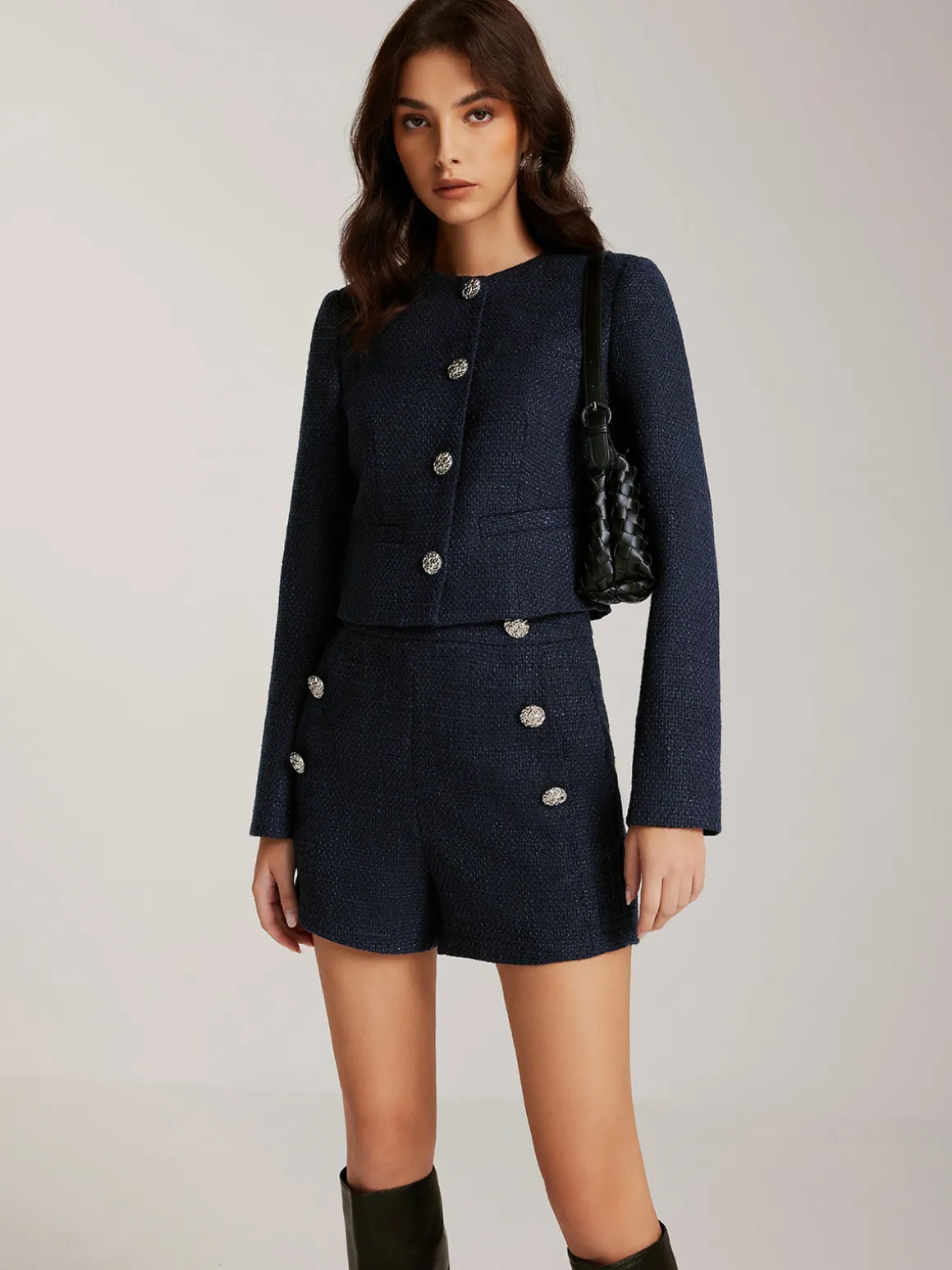 Button Decor Tweed Shorts